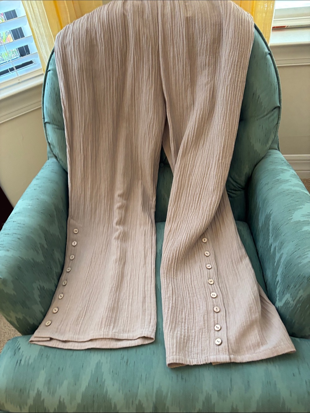 Soft Surroundings Taupe Crinkle Wide-Leg Pants with Side Button Trim